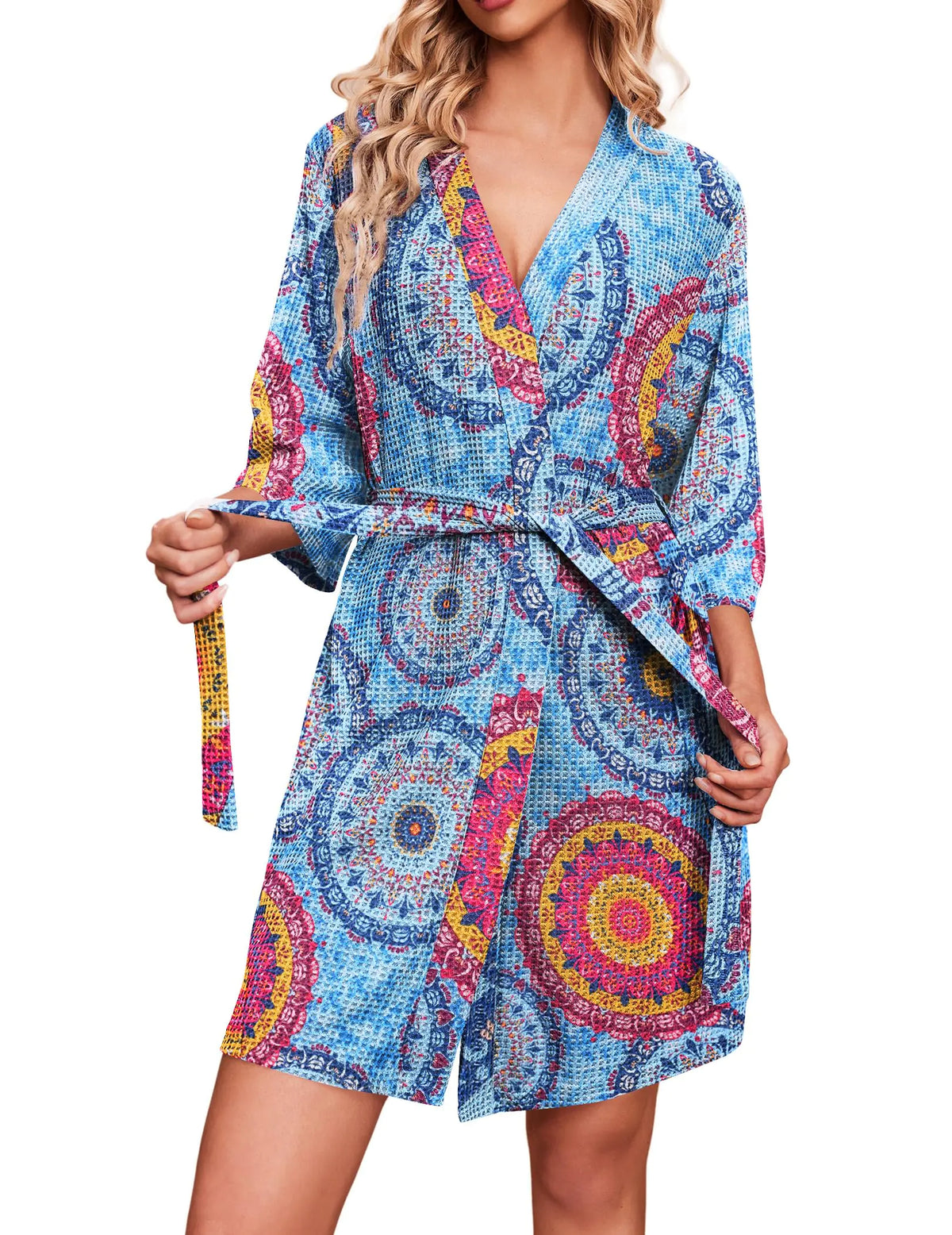 Waffle-knit kimono dressing gown