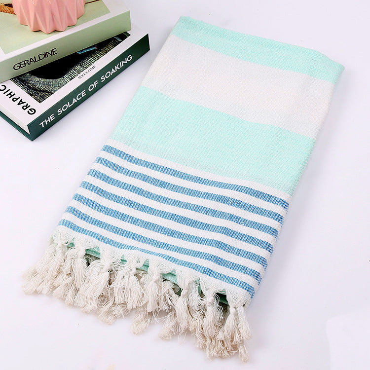Striped Cotton Beach Towel with Knotted Fringe