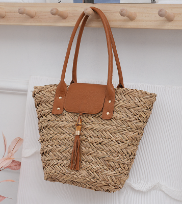 Woven Straw Beach Bag with Tan Handles