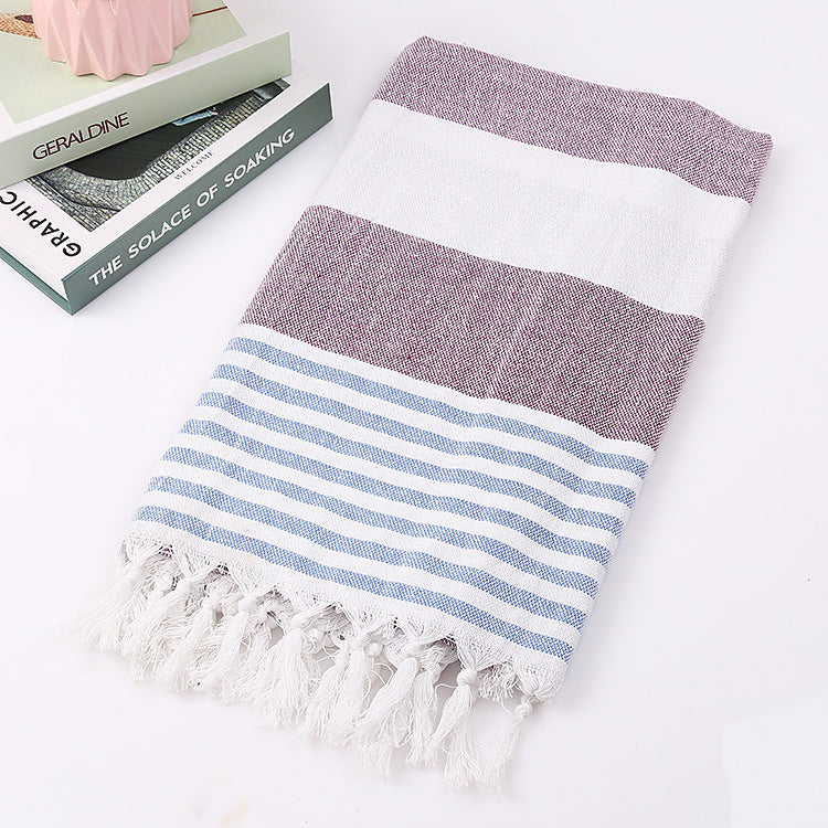 Striped Cotton Beach Towel with Knotted Fringe