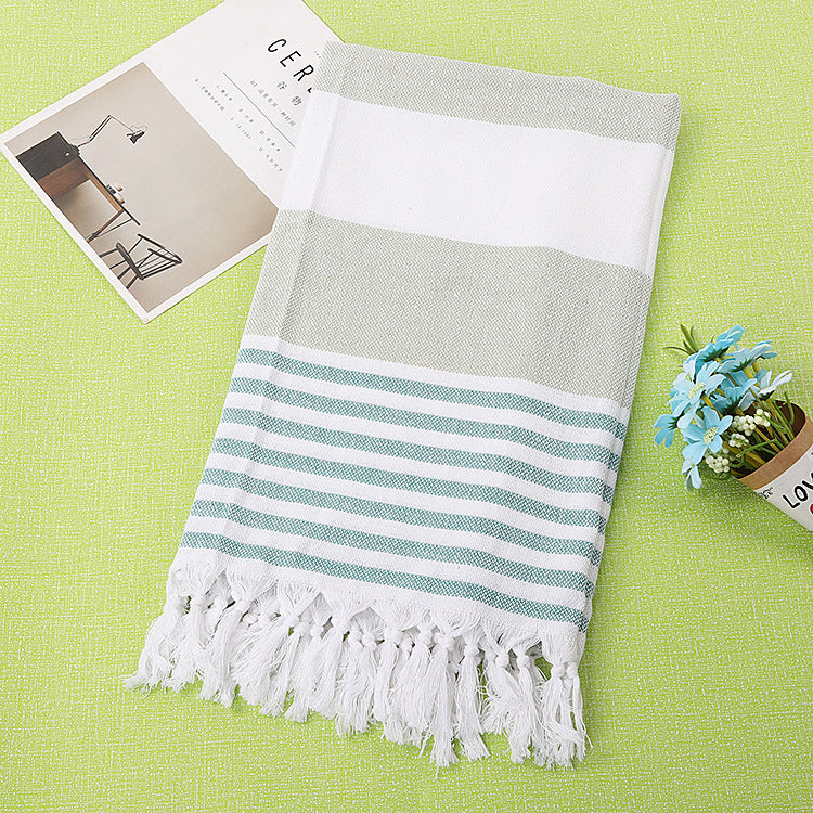 Striped Cotton Beach Towel with Knotted Fringe