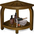 Bamboo corner shower stool with storage shelf