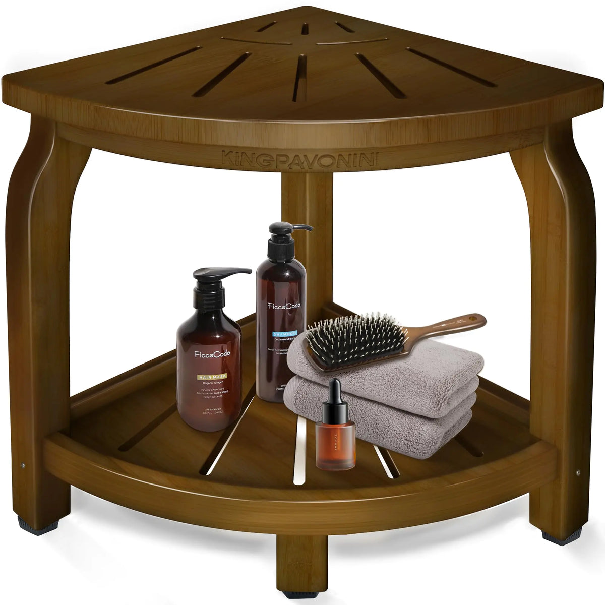 Bamboo corner shower stool with storage shelf