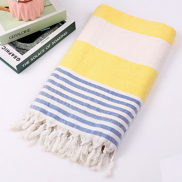 Striped Cotton Beach Towel with Knotted Fringe