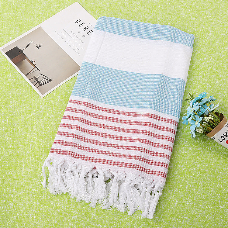 Striped Cotton Beach Towel with Knotted Fringe
