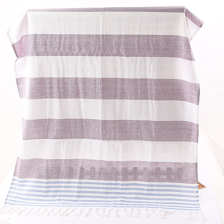 Striped Cotton Beach Towel with Knotted Fringe