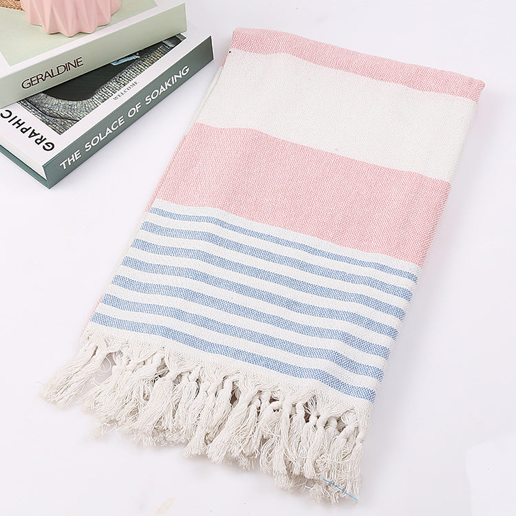 Striped Cotton Beach Towel with Knotted Fringe