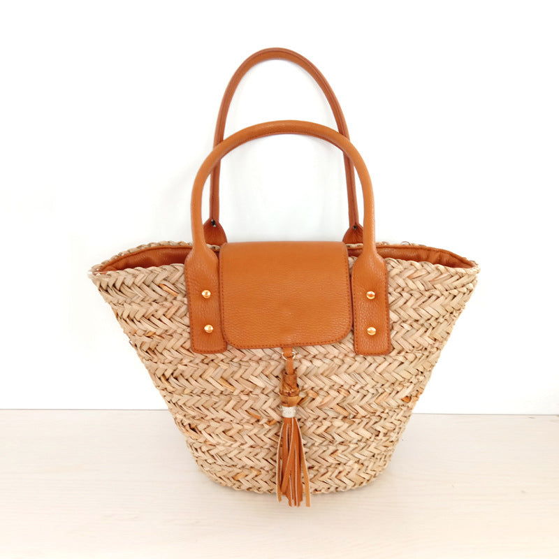 Woven Straw Beach Bag with Tan Handles