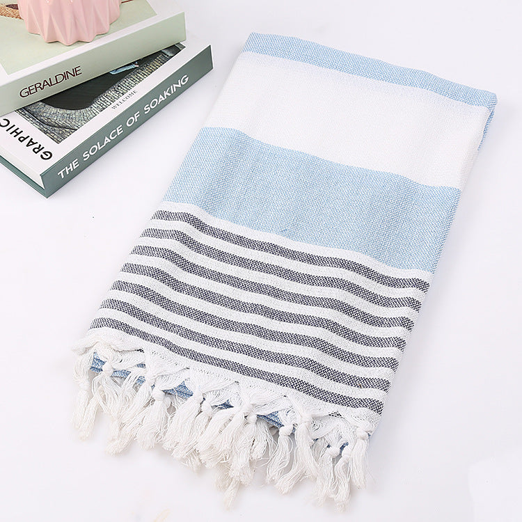 Striped Cotton Beach Towel with Knotted Fringe
