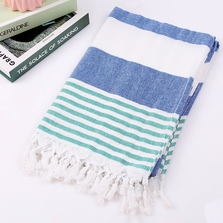 Striped Cotton Beach Towel with Knotted Fringe