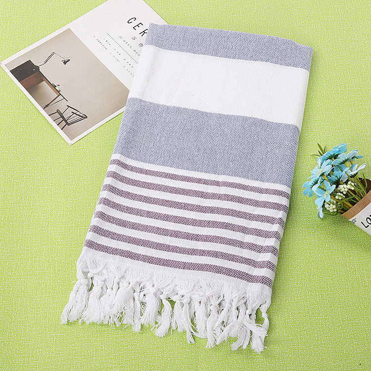 Striped Cotton Beach Towel with Knotted Fringe