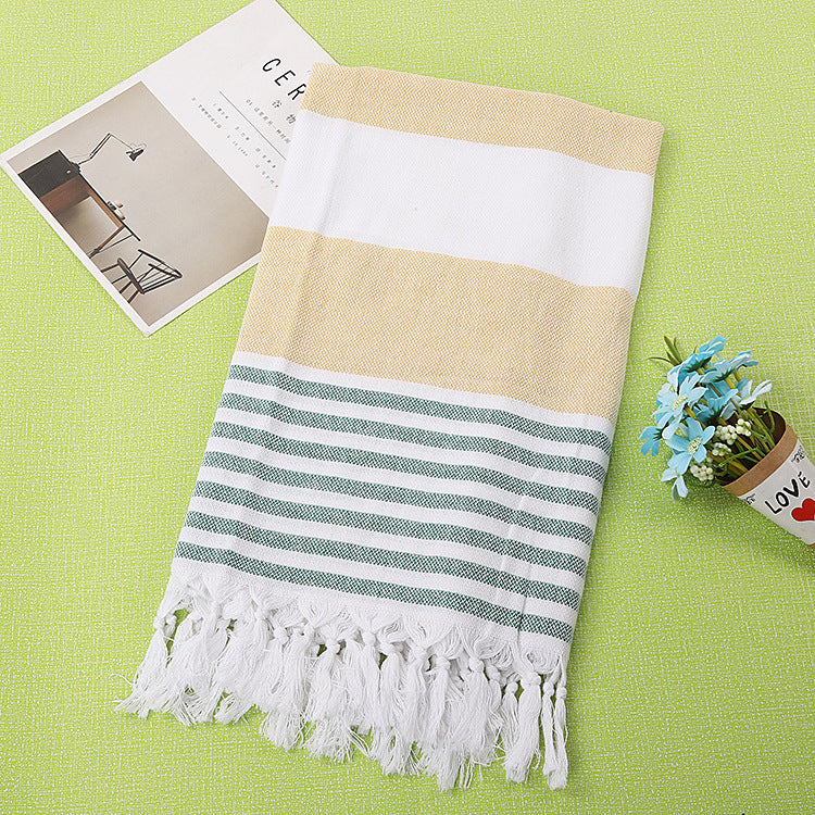 Striped Cotton Beach Towel with Knotted Fringe