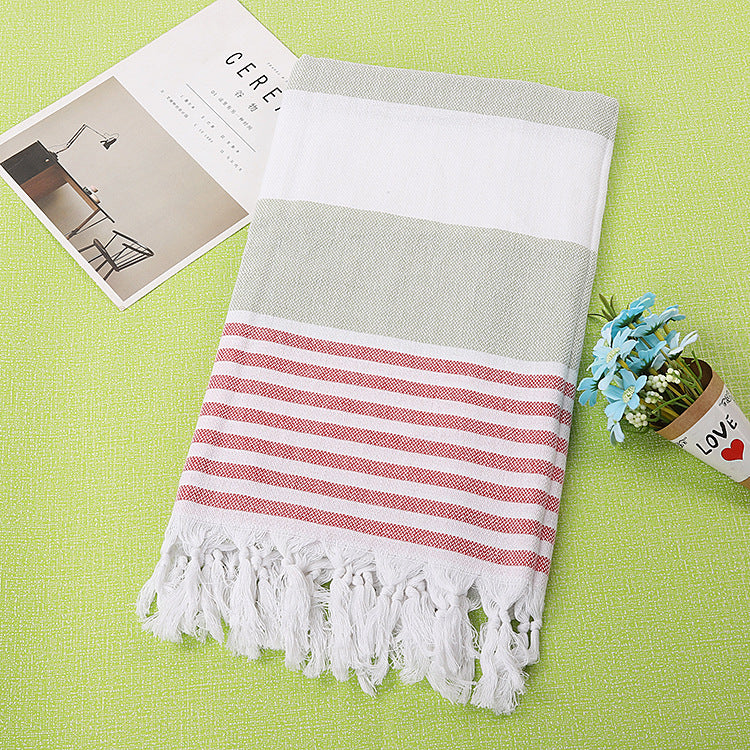 Striped Cotton Beach Towel with Knotted Fringe