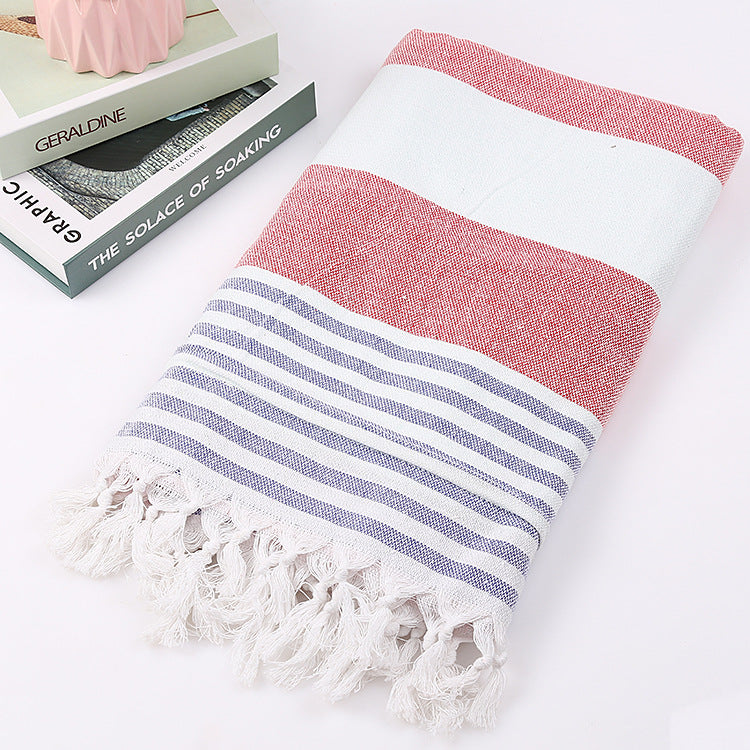 Striped Cotton Beach Towel with Knotted Fringe