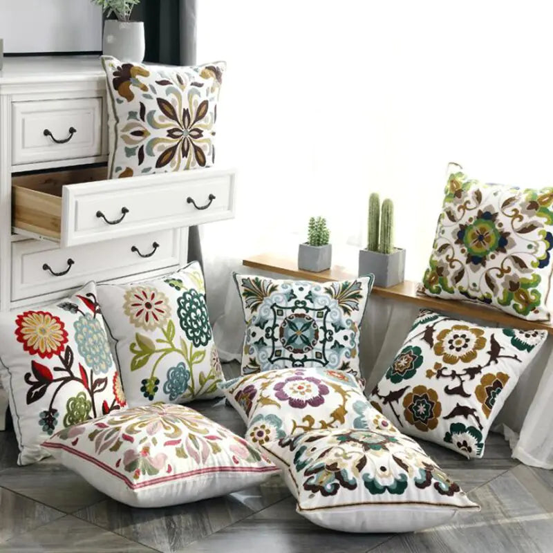 Embroidered cotton cushion cover