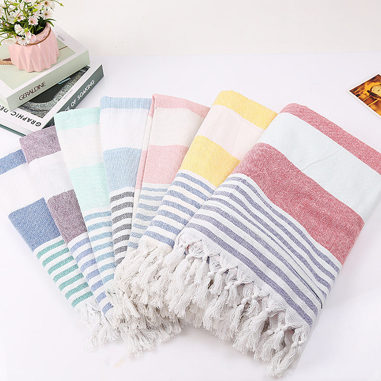 Striped Cotton Beach Towel with Knotted Fringe